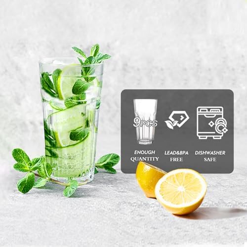 Etolies Highball Drinking Glasses Set of 9, Water Glasses 16 oz,Iced Tea Glasses for Water, Juice, Cocktails,Milkshake,Coke,Soda,Beverages. Heavy Base Tumbler,Kitchen and Bar Glassware