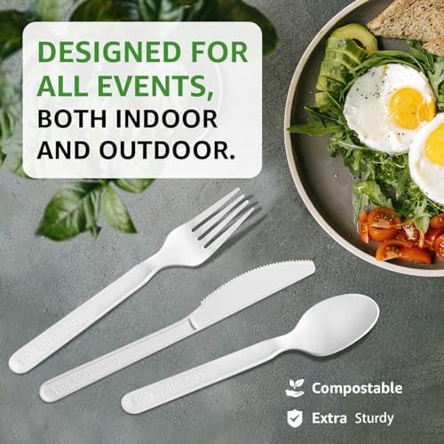 450 Counts Compostable Forks Spoons Knives Set Disposable Forks Utensils Heavy Duty Silverware Eco Friendly Flatware for Party Camping Picnics White forks spoons and knives set