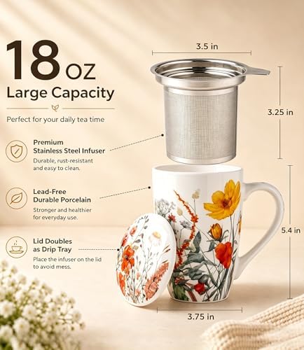AmorArc Tea Cup With Infuser and Lid, 18oz Loose Leaf Tea Mug With Steeper