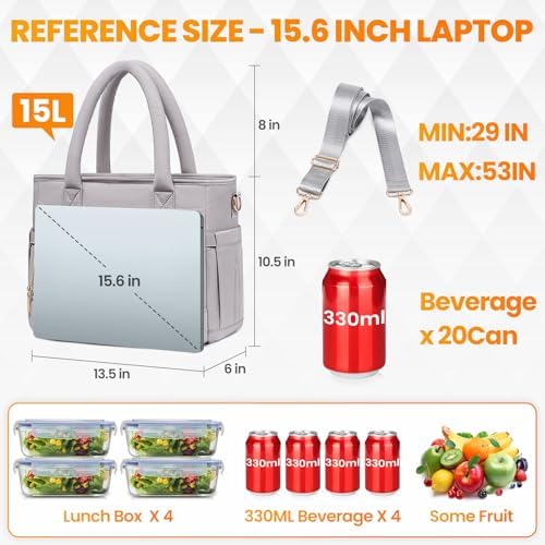 Artelaris Lunch Bag Women, Adult Insulated Lunch Box, Leakproof Lunch Cooler Bag, Reusable Large Lunch Cooler for Work, Picnic, Travel (Grey)