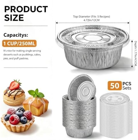 50 Pack Disposable Foil Baking Pans with Lids, 5 Inch Round Aluminum Baking Cups Mini Pie Pans Oven & Air Fryer Safe Foil Tins for Dessert, Individual Pot Pie, Meal Prep Party Wedding