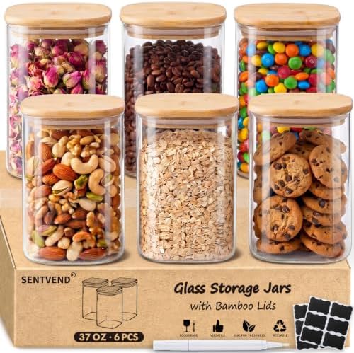 SENTVEND 37 Oz Glass Jars - 6 Pack Food Storage Containers with Lids Square