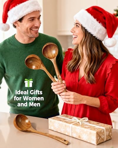 3PCS RAVS Wooden Ladle for Soup, 100% Natural Acacia Wood with 12.1" Long Handle, No-Scratch Cookware Surface, Wooden Soup Ladle for Cooking, Gravy, Sauce, Porridge
