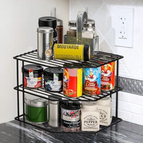 Frcctre 3-Tier Kitchen Corner Shelf Rack Counter and Cabinet Organizer, 9x9x7.5 Inch Metal Wire Kitchen Counter Pantry Cabinet Organizer and Storage Shelf for Plates, Cups, Dishes