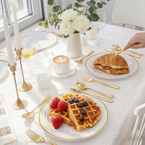 WDF 500PCS Gold Plastic Silverware Set Disposable - Gold Cutlery Set Plastic - 250Forks, 125 Spoons, 125 Knives for Party/Baby Shower/Wedding