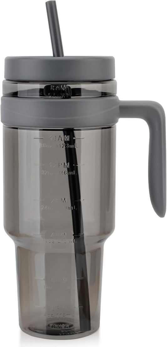 50 oz Tritan Plastic Tumbler with Handle and Straw | Leak-Proof BPA-Free Tumbler with Time Marker | Wide Mouth | Reusable Travel Mug for Camping, Sports, Office, Road Trips, Parties