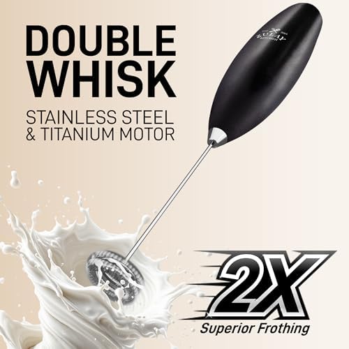 Zulay Kitchen Powerful Milk Frother Wand With Duracell Batteries - Ultra Fast Handheld Drink Mixer - Electric Whisk Foam Maker for Coffee, Lattes, Cappuccino & Matcha - Double Whisk - Metallic Black