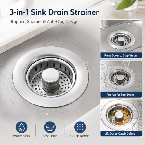 2 Pack Kitchen Sink Drain Strainer, 3 in 1 Stainless Steel Pop Up Sink Stopper with Anti-Clogging Basket, Filter Plug Fit US Standard 3-1/2 Inch Drain