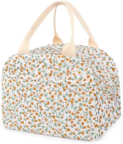 Cotton Quilted Insulated Lunch Bag, Reusable Quilted Floral Lunch Tote Bags
