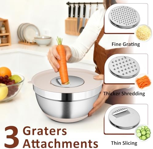 9 Pack Mixing Bowls with Airtight Lids & Grater Attachments, Khaki