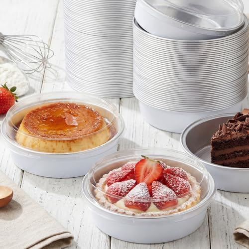 Yinder 8 oz Disposable Creme Brulee Ramekins with Lids, 4 Inch Mini Pie Tins Aluminum Foil Pie Tart Cake Baking Pans Individual Round Containers Oven Safe(White,120 Pcs)