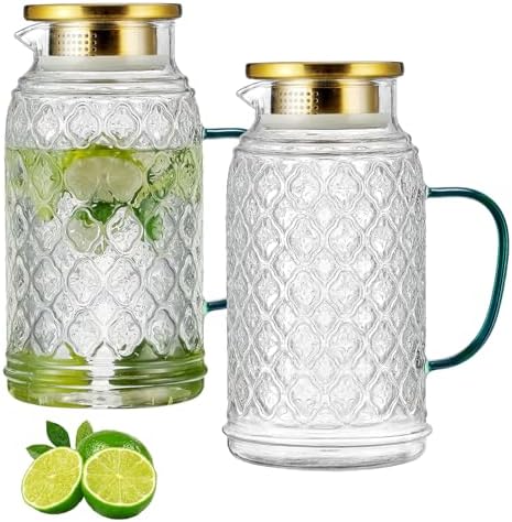Buaic Glass Pitcher with Lid, 2 PACK 68 oz/2 Liter Vintage Water Pitcher