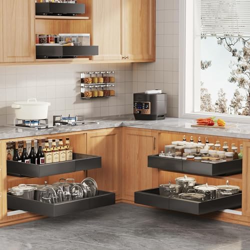 Seinloes 4 Pack Expandable Pull Out Cabinet Organizer 21"Deep With Raising Pad for Framed Cabinets,Slide Out Drawers With 4pcs Divider Racks,No Drill Roll Out Shelf,Adjustable Width 12.05"-20.4"Black