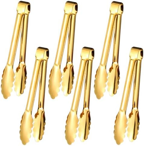 6pcs Stainless Steel Serving Tongs Gold or Silver Plated 9inch Heavy Duty Durable BBQ Clamps Design for Weddings Parties Banquets Buffets Family Gatherings Kitchen Cooking Serving Clip
