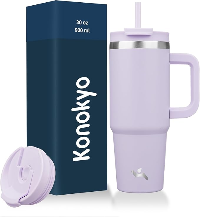 30 oz Tumbler with Handle and 2 Straws,2 in 1 Lid Insulated Water Bottle Stainless Steel Travel Coffee Mug,Wisteria