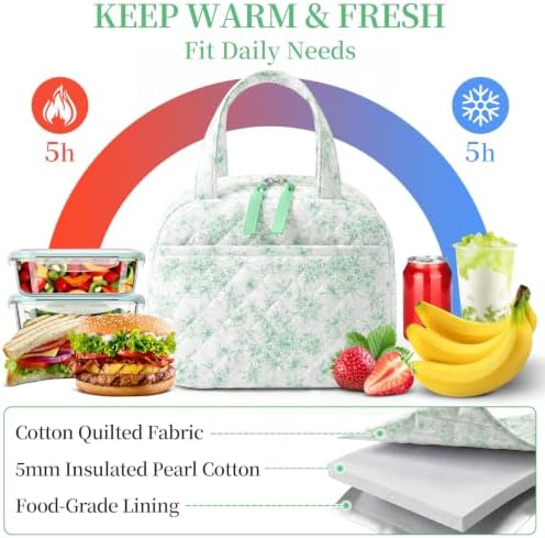 WOBAGMEN Quilted Lunch Box for Women,Coquette Aesthetic Lunch Box,Cute Elegant Green Floral Lunch Bags for Work,Office,Picnic,Travel(Elegant Green Floral)