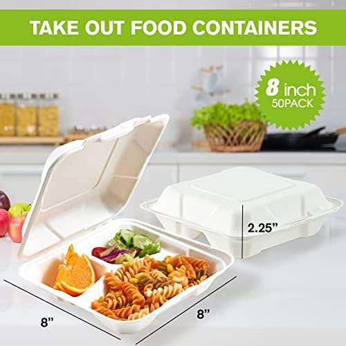 ECOLipak 50 Pack Compostable Take Out Food Containers, 8 inch,3 Compartment