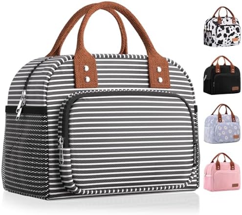 Lunch Bag for Women, Insulated Lunch Box for Women Men Work Adult, Cute Lunch Tote Large Capacity Reusable Cooler Containers for Picnic Travel Office or Beach (Black and White Stripes)