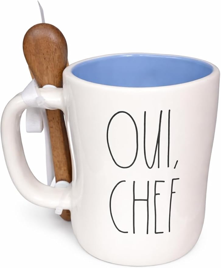 Rae Dunn by Magenta Ratatouille Coffee Tea Ceramic Mug with Spoon, Blue - Oui Chef