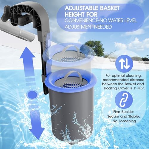 TidyMister Above Ground Pool Surface Debris Skimmer Basket with Pre‑Filter Socks for Intex Pools, Quick Set Up & Adjustable Mounting Bracket for 800+ GPH Pumps, Automatically Removes Leaves & Debris