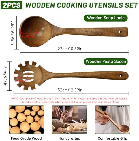 Wooden Ladle & Wooden Pasta Spoon Set, 2PCS Wooden Soup Ladle