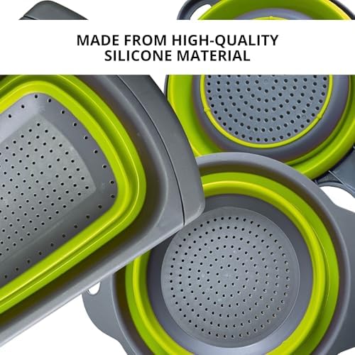 3PCS Green Foldable Kitchen Strainer Set – Silicone Colander Collapsible Strainers and Colanders Green Collander for Kitchen Collapsible Compact Drain Tools for Cooking Prep