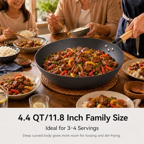 High-Purity Iron Carbon Steel Wok with Lid, 11.8 Inch Flat Bottom Wok Pan, Uncoated Stir Fry Pan with Wood Handle, Compatible with Gas, Electric, Induction and Ceramic Stoves