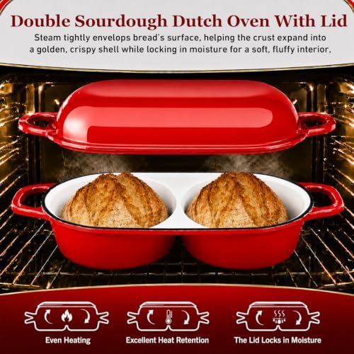 Double Dutch Oven for Sourdough Bread Baking,2.2QT Enameled Cast Iron Dutch Oven Pot with Lid,500°F Oven Safe Non Stick Bread Loaf Pan,Sourdough Baking Pan for Homemade Baking（red）