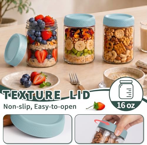 Mason Jars 16oz with Lids, Overnight Oats Container, Glass Storage Jars