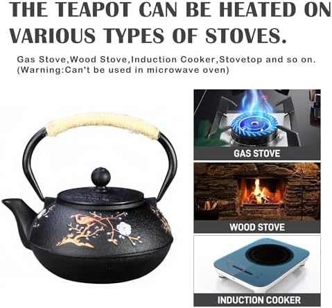 Cast Iron Teapot SECHUDO Teapot for Stovetop Safe Coated with Enameled Interior,Japanese Beautiful Tea Kettle with Stainless Steel Infuser for Loose Tea (30.4oz Plum Blossoms and Bird Pattern)
