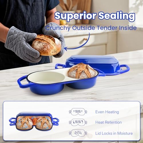 YONILL Mini Double Dutch Oven with Lid for Sourdough Bread Baking (Blue)