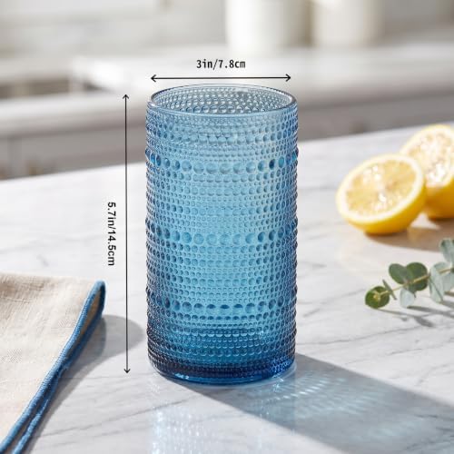 Vintage Hobnail Drinking Glasses Set of 6, 16 oz Large Capacity Embossed BlueTumblers, Highball Glasses for Water, Cocktail, Beer, Whiskey, Kitchen & Bar Use