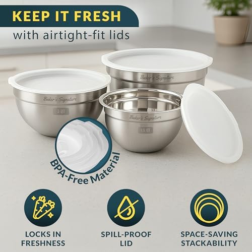 Stainless Steel Mixing Bowls with Lids Set of 3, Nesting Metal, 1.5/3/5 Qt