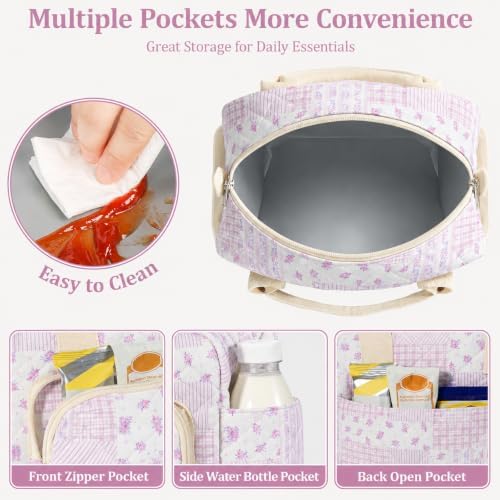 WOBAGMEN Quilted Lunch Box for Women,Large Floral Insulated Lunch Bag with Multiple Pockets,Adjustable Strap,Reusable Lunch Tote Box for Work Picnic Travel (Purple Floral Patchwork, M)