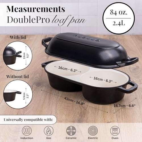 Dutch Oven for Sourdough Bread Baking – Enamelled Cast Iron Bread Loaf Pot – 500°F Oven Safe Non Stick Bread Pot – Double Round Loaf Space, 16.5cm Diameter, Black, – by Nuovva
