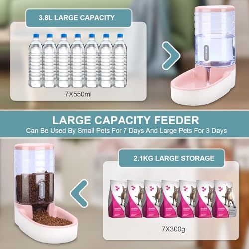 Meikuler Automatic Dog Cat Feeder and Water Dispenser Set,Waterer and Gravity Food Feeder for Small & Medium Dogs Cats Puppies,Large Capacity 1 Gallon x 2(Pink)