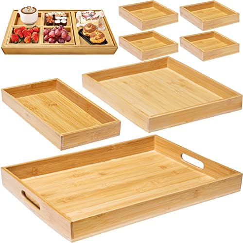 Wood Serving Tray with Handle, Set of 7 Nesting Rectangular Trays for Party