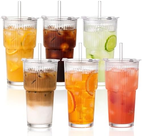 20oz Iced Coffee Cups with Lids, Ribbed Glass Cups with Lids and Straws