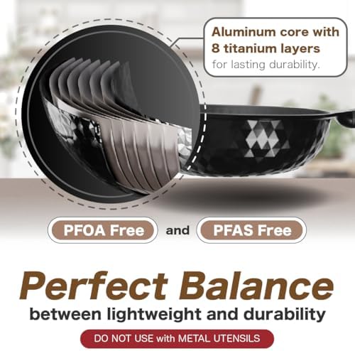 Diamond X Premium Non Stick Wok Pan with Lid - 11" Large Flat Bottom Chinese Wok - Woks & Stir-fry Pans Nonstick - Titanium-Coated 8-Layered Korean Engineered Skillet for Frying, Oil-Free, PFOA-Free