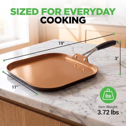 NutriChef Copper Pan Non-Stick Coating Inside, Hard-Anodized Look Heat Resistant Lacquer Outside, Silicone Handle NCSQPA, 1 Griddle