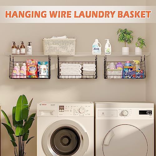 3-Pack Hanging Laundry Room Organizaton：Foldable Laundry Basket Wire Basket with 360°Rotating Hooks Small Space Organization Over Washer and Dryer Shelves - Hanging Closet Organizer, Black Patent
