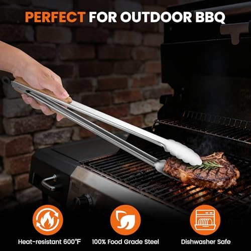 17-Inch Grill Tongs,Long Wood-Handled BBQ Tongs,Heavy Duty Stainless Steel
