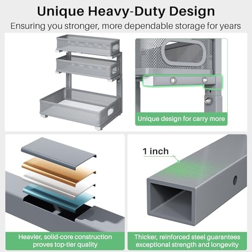 Kitstorack Under Sink Organizer, 1-Pack 3-Tier Height Adjustable Thickened Metal Pull out Cabinet Organizer Shelf, Slide out Storage Drawer Rack for Bathroom Kitchen Pantry Home Organization, Grey