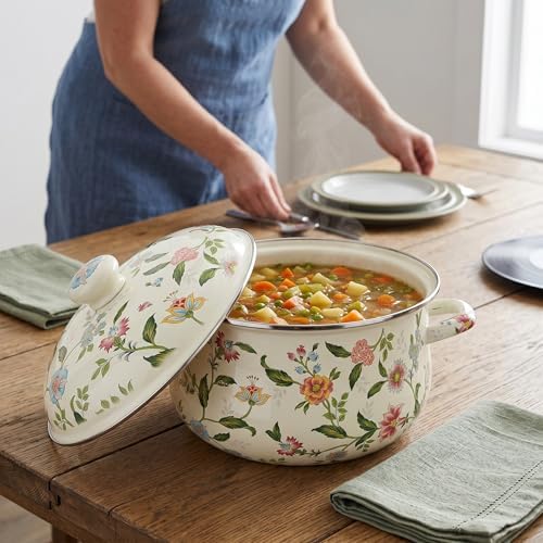 Jucoan 5 Quart Enamel Stockpot with Lid, Green Floral Enamelware Cooking Pot with Dual Handles for Stovetop, Large Soup Pot Potpourri Simmer Pot Gift for Housewarming Bridal Shower Mother's Day