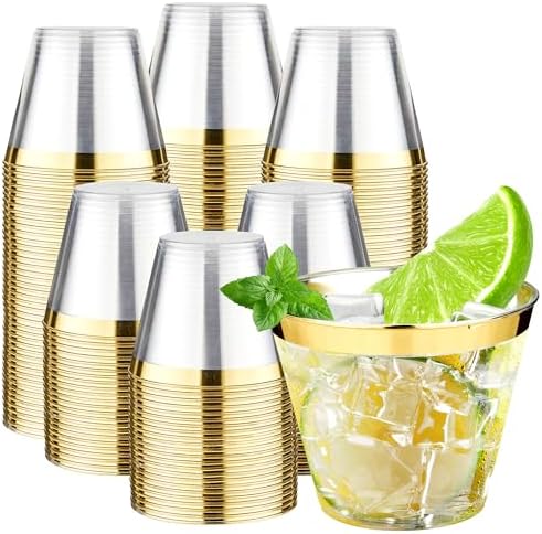 RACETOP 9 oz 200 Pack Plastic Cups with Gold Rim, Disposable Gold Rim Clear Plastic Cups for Parties, Gatherings, Weddings, and Festival Events