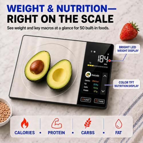 Smart Nutrition Food Scale with TFT Display & App, Calorie Counter & Nutrition Calculator, Tracks Protein, Carbs & Fat, 50 Built-in Foods, 24 Nutrients, 1g Digital Kitchen Scale for Meal Prep