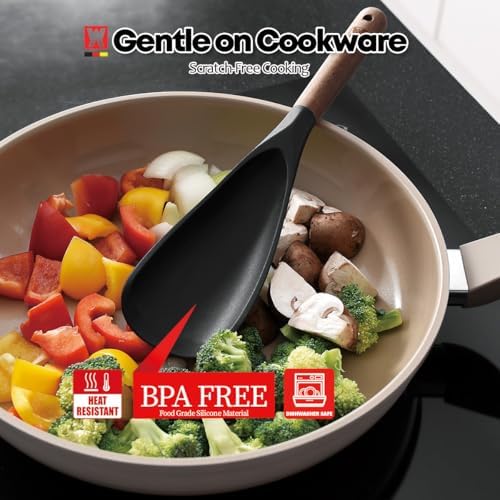 WAGENSTEIGER Set of 2pc Silicone Cooking Utensils: Wooden Handle Ladle + Long Head Serving & Cooking Spoon, Heat Resistant, BPA Free, Scratch-Resistant Surface Design