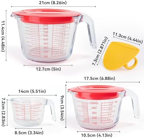 6 Pcs Glass Measuring Cups, 1-Cup (No Lid), 2-Cup/4-Cup with Lids