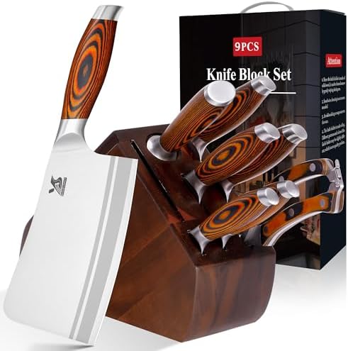 MSY BIGSUNNY 9pcs Knife Block Set, German Steel Kitchen Knife Set with Bone Chopper, Precious Pakkawood Handle for Chef Knife Block Set