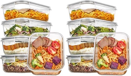 Vtopmart 10 Pack 35oz Glass Food Storage Containers with Lids, Meal Prep Containers, Airtight Reusable Lunch Container Set, Safe for Oven, Microwave, Freezer, and Dishwasher, Grey